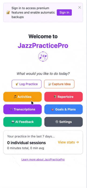 Adding a practice record in JazzPracticePro
